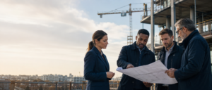 Commercial construction professionals reviewing project plans on a UK building site